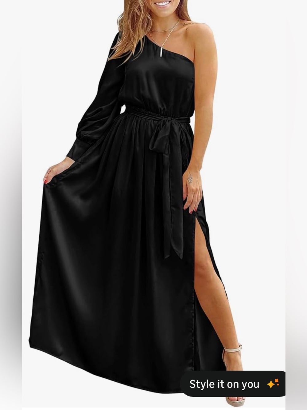 Black Satin Asymmetric One-Shoulder Long Sleeve Dress